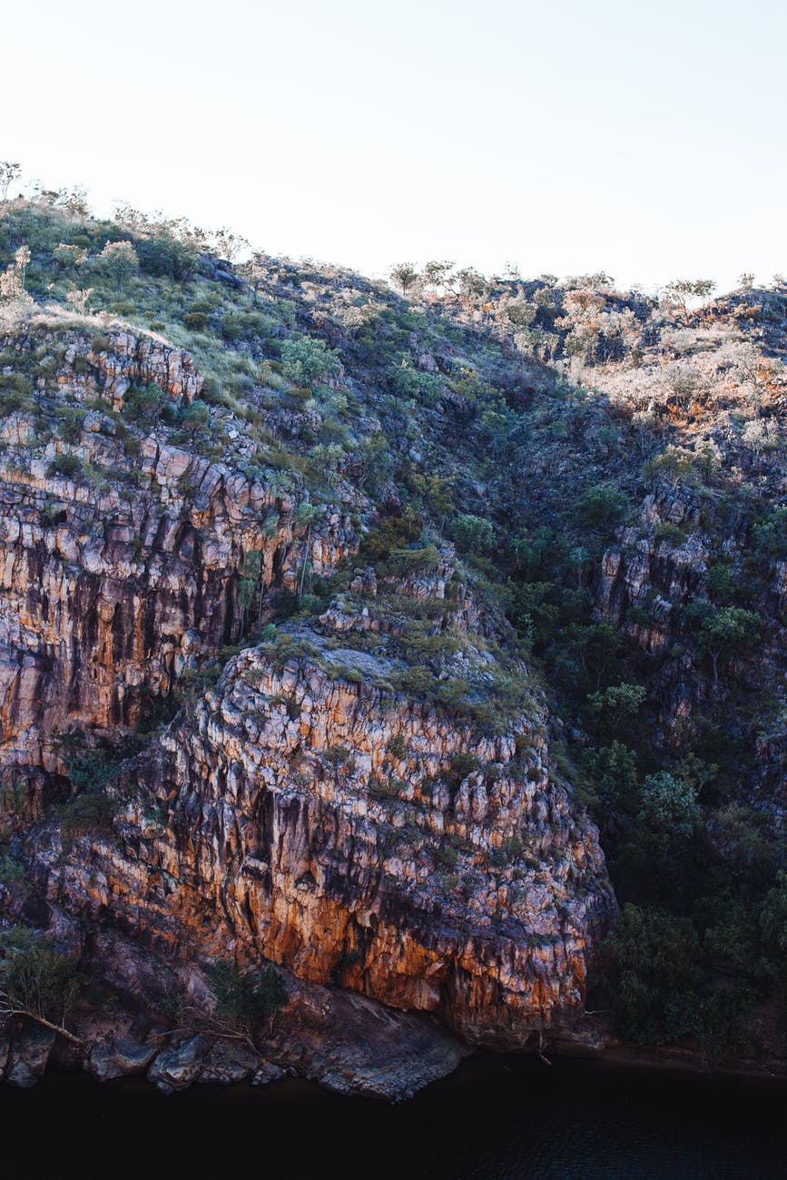 rocky formations with plants near river